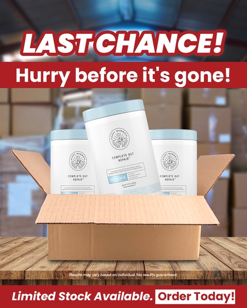 This creative showcases multiple units of Complete Gut Repair in a shipping box, emphasizing a high-urgency, stock-limited message.